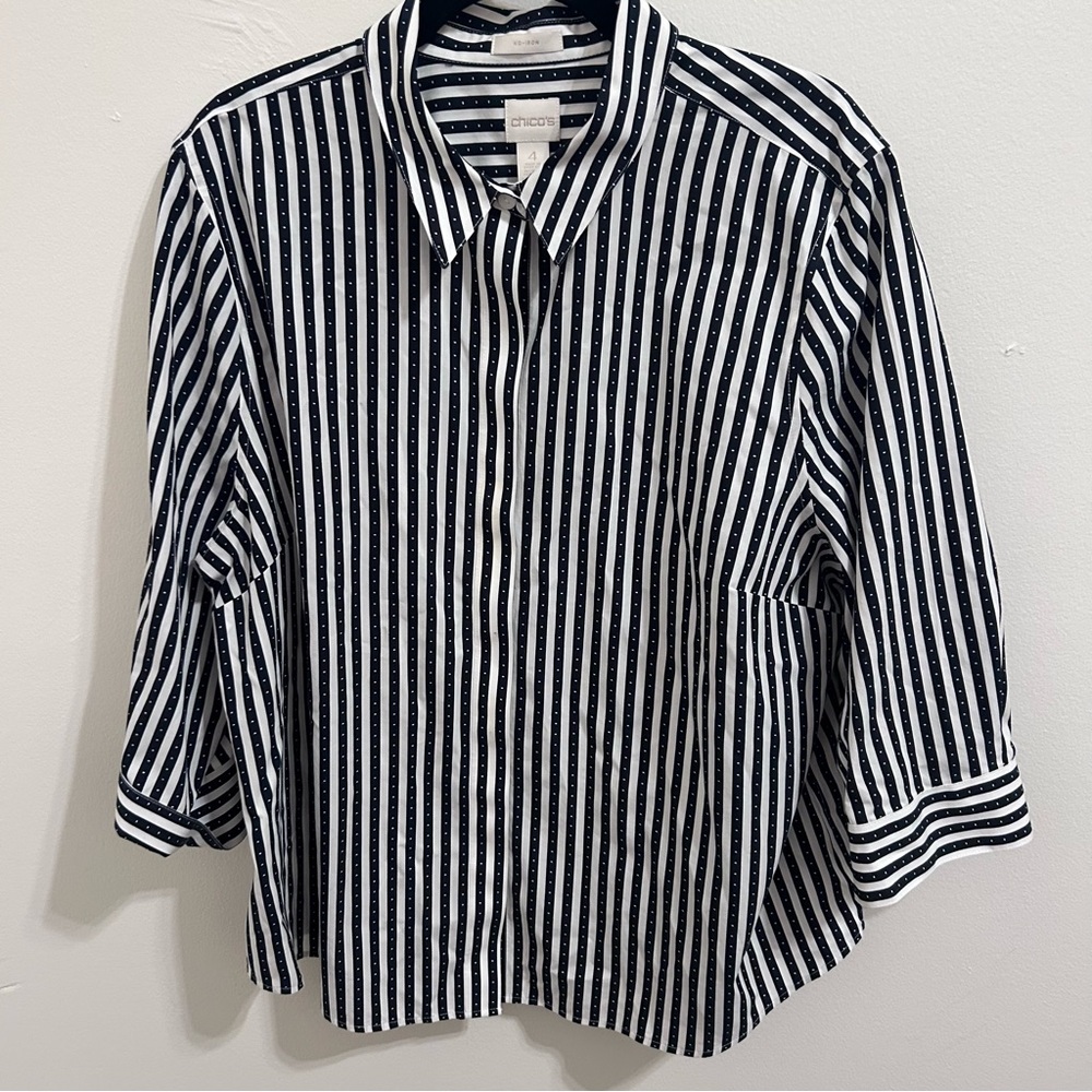 Chico’s 3/4 Sleeve Black White Stripe Dot Oxford Button Shirt Top Sz 4 XXL